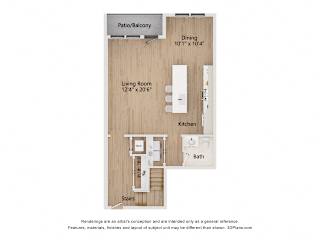 A floor plan of a small apartment with a living room, kitchen, bath, and stairs leading to a patio.
