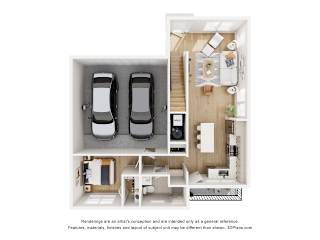 A 3D floor plan of a house with two cars parked in the garage.
