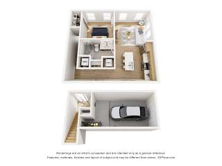A 3D floor plan of a small apartment with two bedrooms, a living room, and a kitchen.