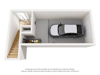 A car is parked in a garage with a staircase leading to the upper floor.