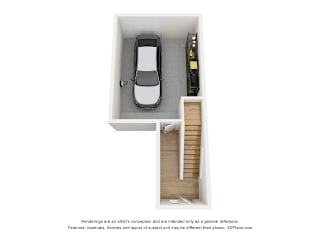 A car is parked in a garage with a wooden staircase.