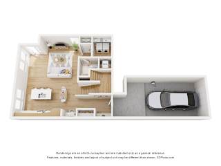 A 3D floor plan of a house with a kitchen, living room, and bedrooms.
