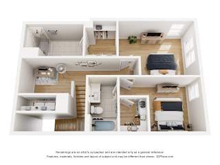A series of images showing different views of a modern, minimalist apartment layout.
