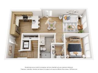 A top-down view of a modern apartment layout with a kitchen, living room, and bedroom.