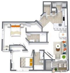 A 3D rendered image of a house layout.