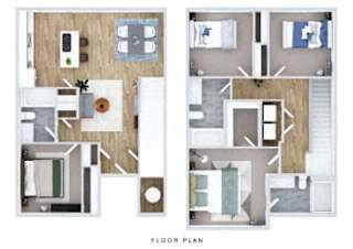 A floor plan of a house with a kitchen, living room, and bathrooms.