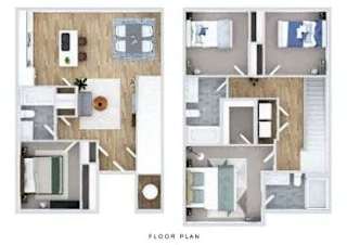 A floor plan of a house with a kitchen, living room, and bathrooms.