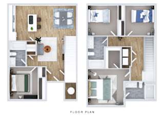 A floor plan of a house with two bedrooms, a living room, a kitchen, and a bathroom.