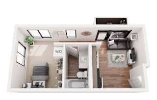 A top down view of a small apartment with a kitchen, living room, and bedroom.