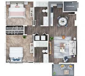 A top-down view of a house layout with a living room, two bedrooms, a kitchen, and a storage area.