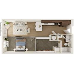 A top-down view of a bedroom with a bed, nightstand, and a small kitchenette.