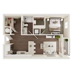 A top-down view of a modern apartment layout with a kitchen, living room, and bedroom.