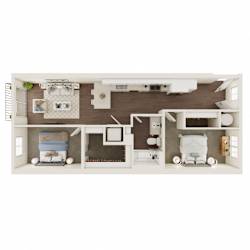 A top-down view of a modern, well-organized living space with a kitchen, dining area, and bedrooms.