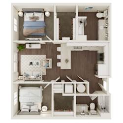 A 3D floor plan of a small apartment with a bedroom, living room, kitchen, and bathroom.