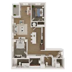 A detailed 3D floor plan of a small apartment.