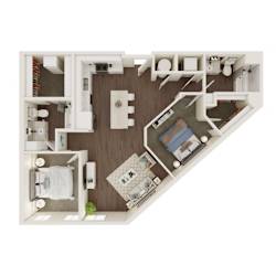 A top-down view of a small apartment layout with a bedroom, living room, and bathroom.