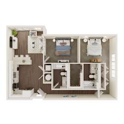 A dollhouse with a bedroom, living room, and kitchen area.