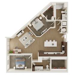 A dollhouse with a bedroom, living room, and kitchen.