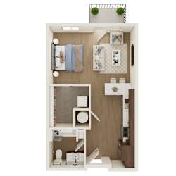 A small white room with a bed, desk, and toiletries.
