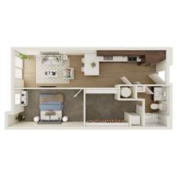 A top-down view of a modern, minimalist bedroom and kitchen area.