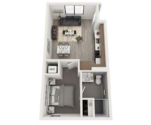 A floor plan of a small apartment with a living room, kitchen, and bathroom.