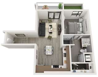 A top-down view of a modern apartment layout with a living room, kitchen, and bedroom.