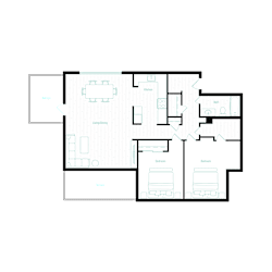 A floor plan of a house with a kitchen, living room, dining room, and two bedrooms.