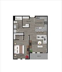 A floor plan of a house with a primary bedroom, living room, kitchen, and bathrooms.