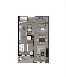 A floor plan of a house with a living room, dining room, kitchen, and bedrooms.