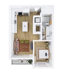 A top down view of a small apartment with a kitchen, living room, and bathroom.