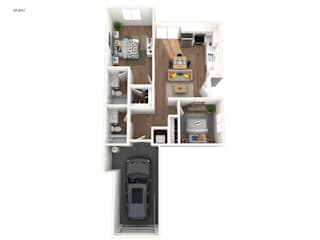 3D floorplan of B0, a two-bedroom home with a garage and a living area.