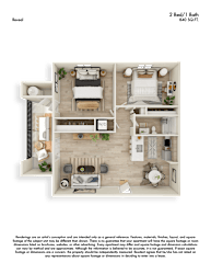 Reveal 3D Floor Plan 2 Bed 1 Bath 840sf