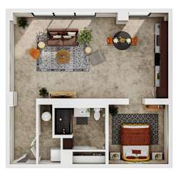A top-down view of a living room with a couch, coffee table, and kitchen area.