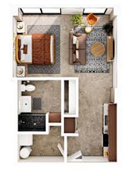 A top-down view of a small apartment with a bed, desk, and kitchenette.