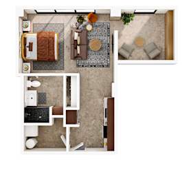 A top-down view of a living room with a couch, coffee table, and a kitchen area.