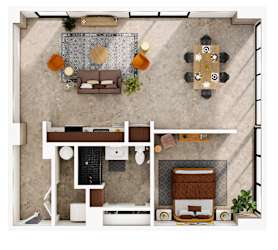 A top-down view of a living room with a couch, a coffee table, and a dining table with chairs.