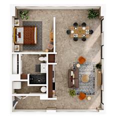 A top-down view of a living room with a dining area.
