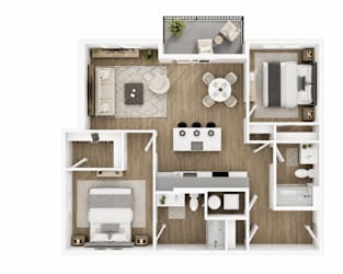A top-down view of a small apartment with a kitchen, living room, and bathroom.