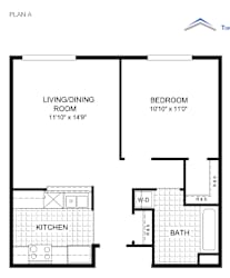 A floor plan for a small apartment with a living/dining room, kitchen, bedroom, and bathroom.