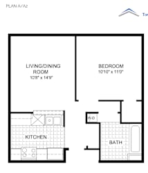 A floor plan for a small apartment with a kitchen, living/dining room, and bathroom.