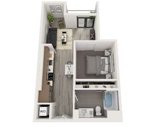 A floor plan of a small apartment with a kitchen, living room, and bathroom.