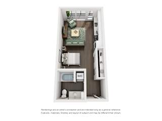a stylized floor plan of a 1 bedroom apartment