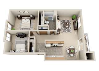A 3D floor plan of a house with a living room, kitchen, and two bedrooms.