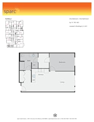 A floor plan for a Sparc apartment showing a living room, kitchen, and bedrooms.
