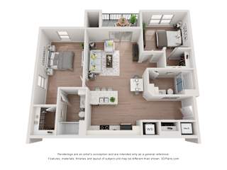 A 3D floor plan of a 2 bedroom layout with two bedrooms, two bathrooms, kitchen, and living room.