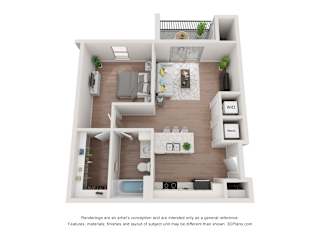 A 3D floor plan of a one bedroom layout with a kitchen, living room, and bathroom.