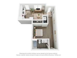 A 3D floor plan of a small apartment with a kitchen, living room, and bathroom.