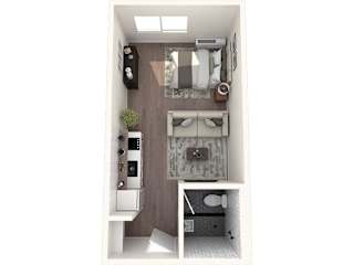 A small room with a bed, a desk, and a kitchenette.