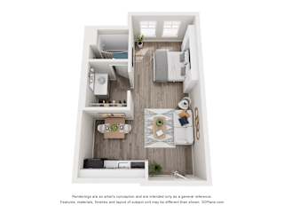 Studio Domain 3D floorplans - studio 285 sq ft