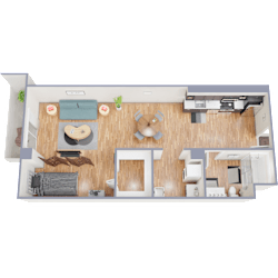 A top-down view of a room with a couch, a coffee table, a bed, and a desk.